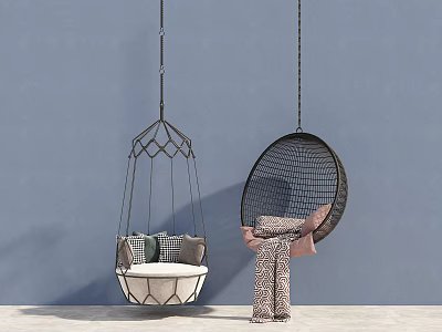 Chic Hanging Chairs With Cushions And Blanket Against Blue Wall 3d model