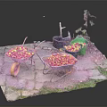 Fresh Colorful Fruits Filled in Wheelbarrows on Stone Path with Green Plants