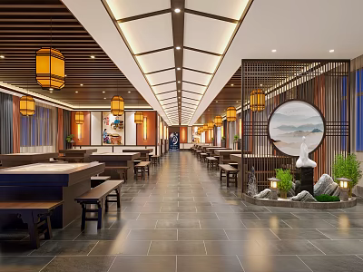 Chinese Style Restaurant Interior With Wooden Decor Hanging Lanterns Long Corridor Slate Floor Round Painting 3d model