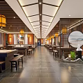 Chinese Style Restaurant Interior With Wooden Decor Hanging Lanterns Long Corridor Slate Floor Round Painting