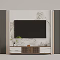 TV Background Wall Featuring Landscape Painting Wooden Panels TV Cabinet Small Potted Plant And Decorations