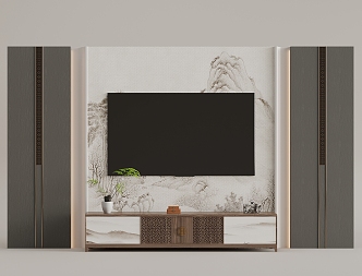 New Chinese background wall TV cabinet 3d model