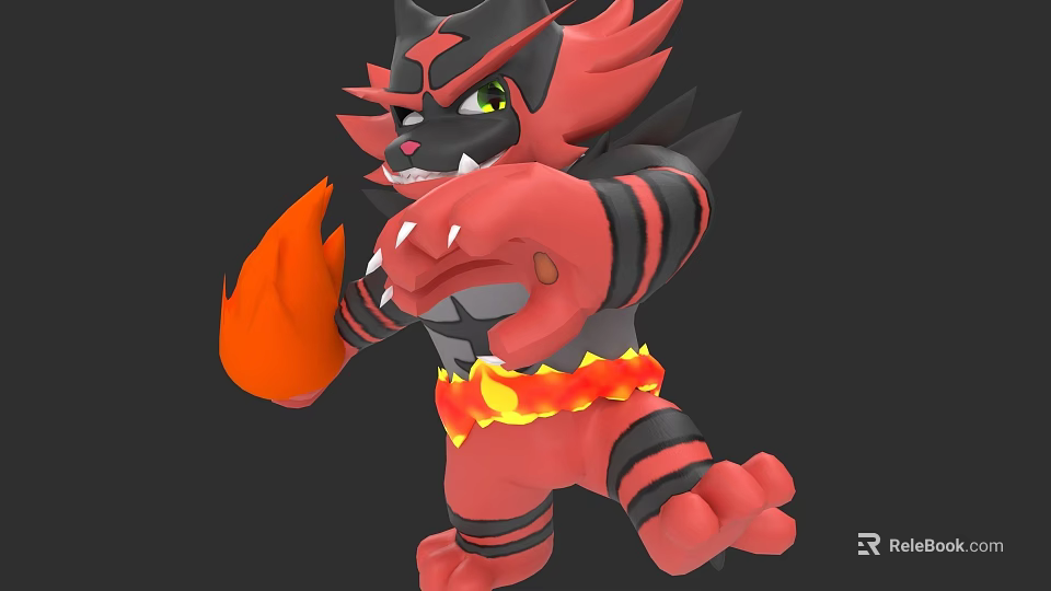 Fierce Red Black Tiger Like Character With Flame In Hand And Spiked Mane 3d model 