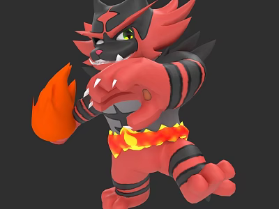 Fierce Red Black Tiger Like Character With Flame In Hand And Spiked Mane 3d model