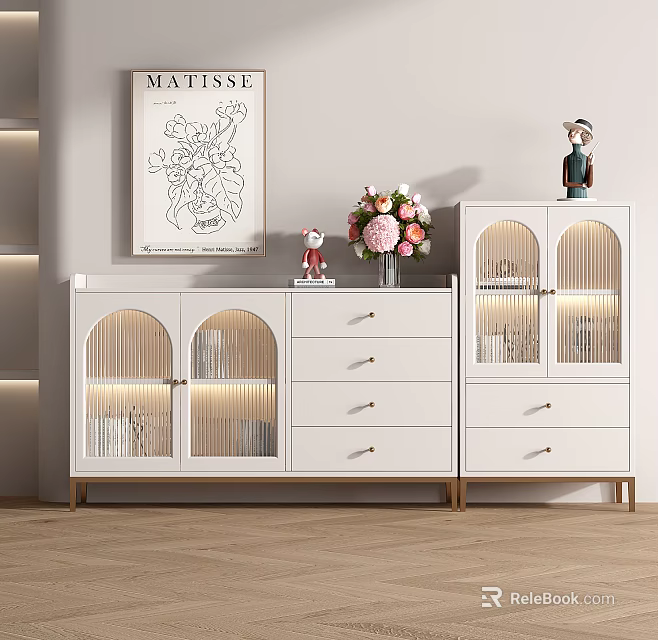 White Entryway Console Cabinet And Sideboard With Glass Doors Drawers Flowers Statue And Painting Decor 3d model 