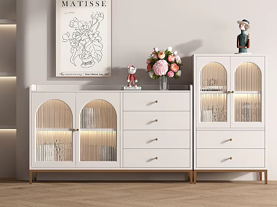 White Entryway Console Cabinet And Sideboard With Glass Doors Drawers Flowers Statue And Painting Decor 3d model