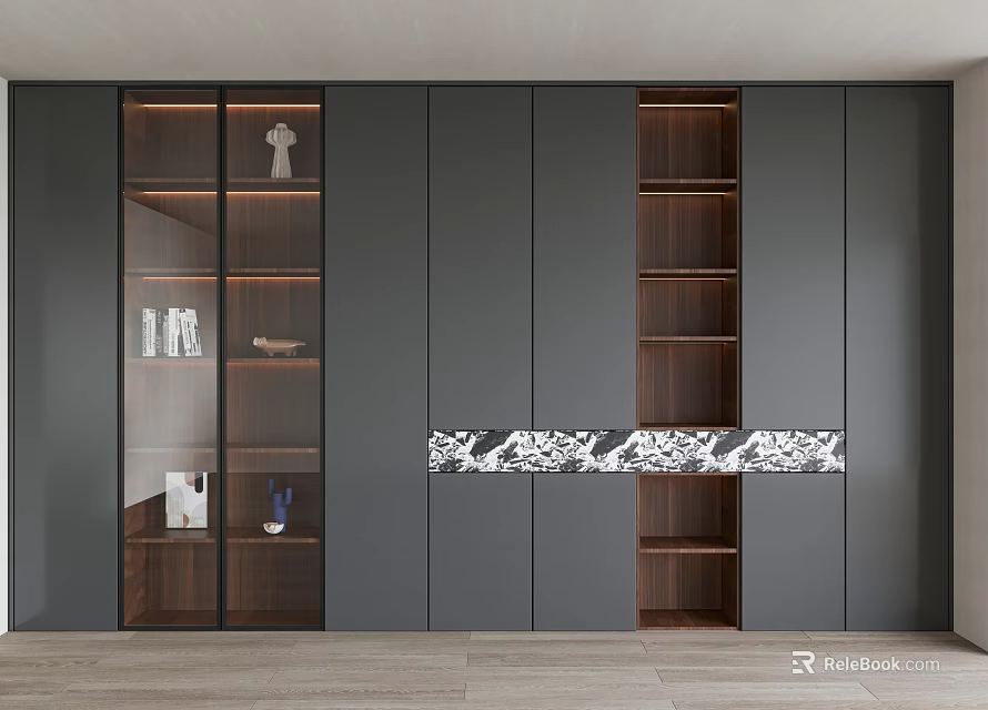 Modern Bookcase Design With Wooden Shelves Glass Display Doors And Gray Panels 3d model 