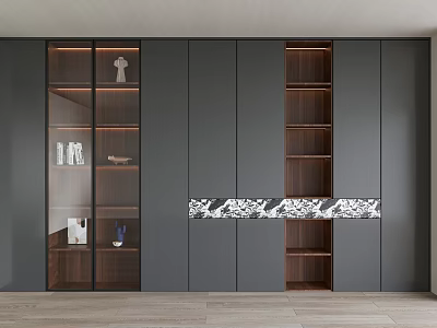 Modern Bookcase Design With Wooden Shelves Glass Display Doors And Gray Panels 3d model