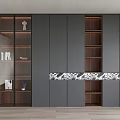 Modern Bookcase Design With Wooden Shelves Glass Display Doors And Gray Panels
