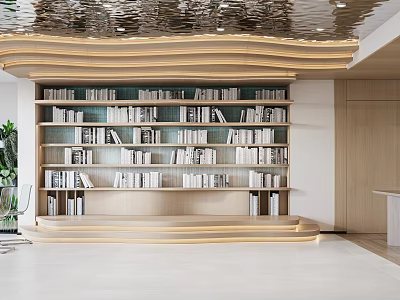 Public Office Space with Open Design Wooden Bookshelves Abundant Books Warm Lighting and Indoor Plant 3d model