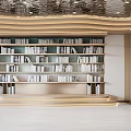 Public Office Space with Open Design Wooden Bookshelves Abundant Books Warm Lighting and Indoor Plant