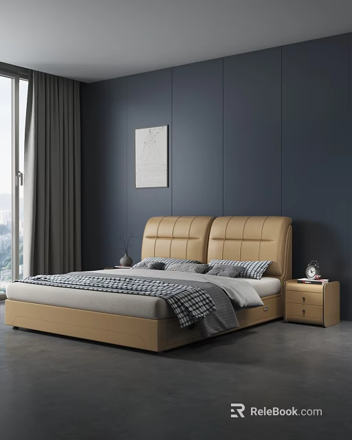 Modern Double Bed with Beige Leather Headboard Dark Blue Wall Gray Curtains and Nightstand 3d model