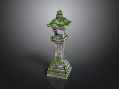 Traditional Stone Lantern With Moss Covered Top And Carved Base Structure 3d model