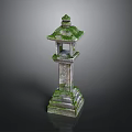 Traditional Stone Lantern With Moss Covered Top And Carved Base Structure