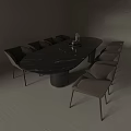 Modern Oval Black Marble Dining Table With Gray Chairs And Cylindrical Base 3d model