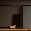 Serene Tea House Interior With Long Wooden Table Cushioned Chairs Flower Vase And Large Window