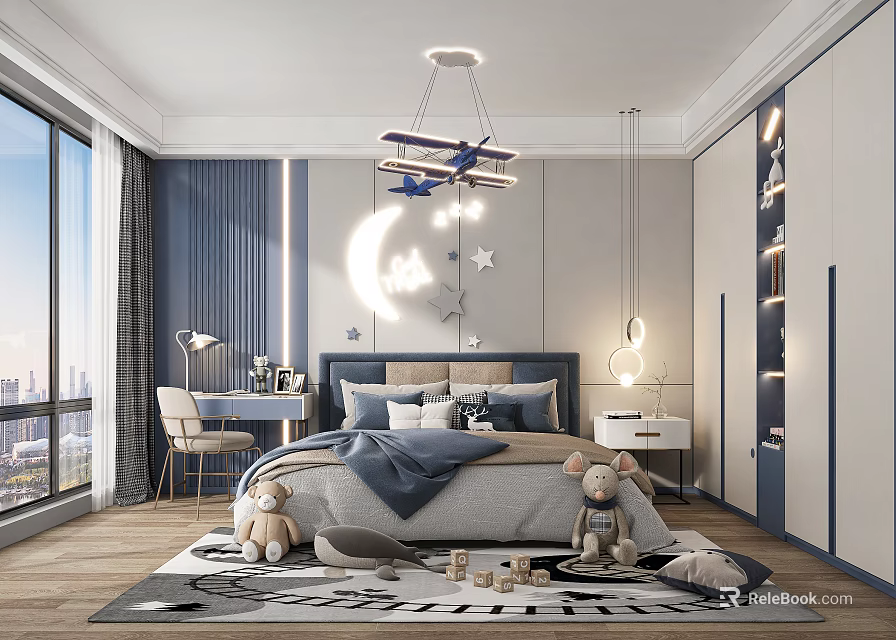 Kids Room Interior With Airplane Chandelier Moon Star Decor Bed And Toys On Rug 3d model 
