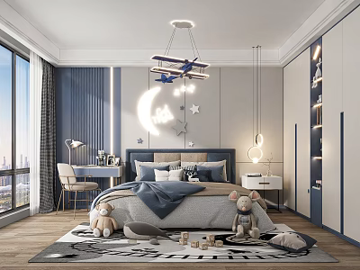 Kids Room Interior With Airplane Chandelier Moon Star Decor Bed And Toys On Rug 3d model