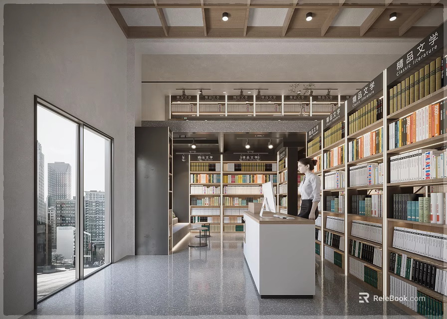 Modern Book Art Library Interior With Various Books Neatly Arranged Bookshelves And Large Windows 3d model 