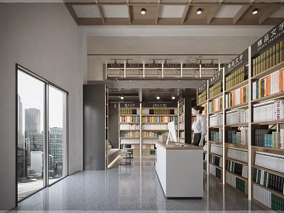 Modern Book Art Library Interior With Various Books Neatly Arranged Bookshelves And Large Windows 3d model