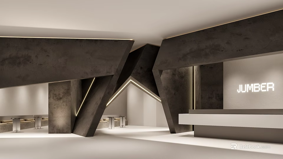 Modern Reception Desk Interior Design With Geometric Concrete Structure And Ambient Lighting 3d model