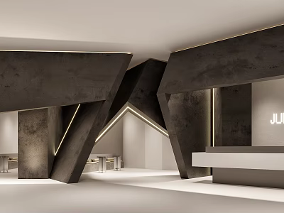 Modern Reception Desk Interior Design With Geometric Concrete Structure And Ambient Lighting 3d model