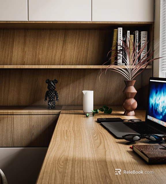 Cozy Study Room Interior With Wooden Desk Bookshelf Decorative Bear Figurine White Candle And Laptop 3d model 