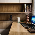 Cozy Study Room Interior With Wooden Desk Bookshelf Decorative Bear Figurine White Candle And Laptop