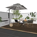 Contemporary Outdoor Garden Landscape With Wooden Deck Umbrella Tables Chairs Lighting And Green Plants