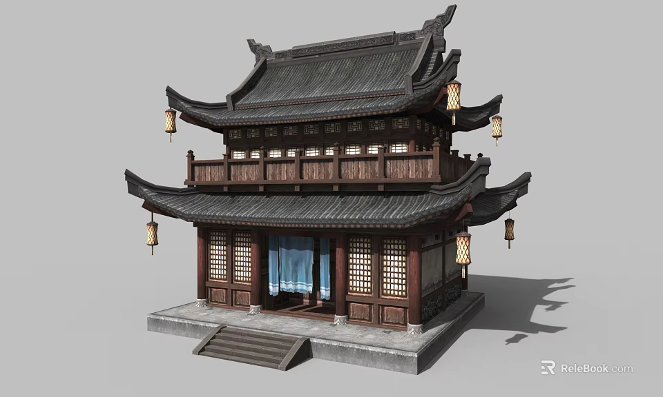 Ancient Chinese Two Story Wooden Building With Black Tiled Roof Hanging Lanterns And Stone Steps 3d model 