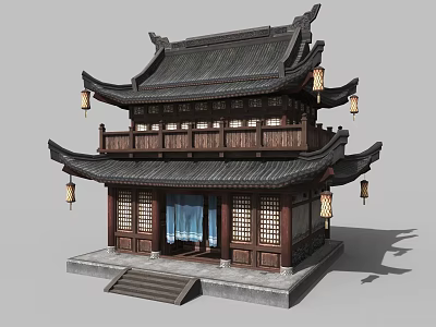 Ancient Chinese Two Story Wooden Building With Black Tiled Roof Hanging Lanterns And Stone Steps 3d model