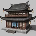 Ancient Chinese Two Story Wooden Building With Black Tiled Roof Hanging Lanterns And Stone Steps