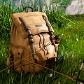 Yellow And Gray Camping Tent Set Up On Green Grassland With Mountain Rocks And Backpacks