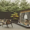 Traditional Chinese Garden Landscape With Courtyard Gate Rock Feature Greenery And Seating Area