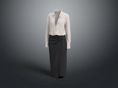 Minimalist Women's Outfit With White Long Sleeve Collared Shirt And Dark Wrap Skirt 3d model