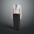 Minimalist Women's Outfit With White Long Sleeve Collared Shirt And Dark Wrap Skirt