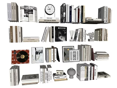Collection of Books and Magazines with Stacked Volumes Decorative Clock and Vinyl Records 3d model