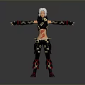 Woman With White Hair In Black Outfit Red Decorations Arms Outstretched Red Tattoo Abdomen