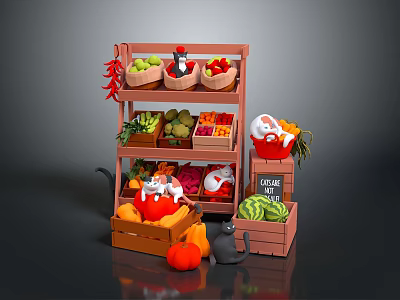 Fresh Fruits Vegetables And Chili Peppers Display On Wooden Shelves With Baskets Crates And Pumpkin 3d model