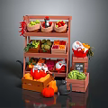 Fresh Fruits Vegetables And Chili Peppers Display On Wooden Shelves With Baskets Crates And Pumpkin