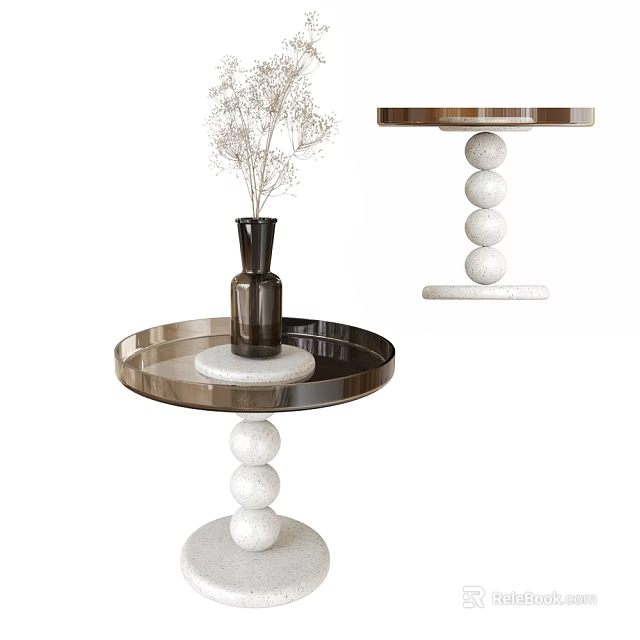 Modern Round Top Side Table with White Spherical Marble Base and Decorative Vase 3d model