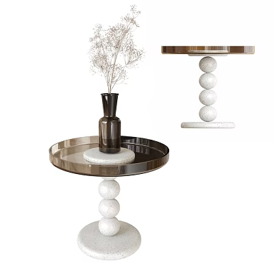 Modern Round Top Side Table with White Spherical Marble Base and Decorative Vase 3d model