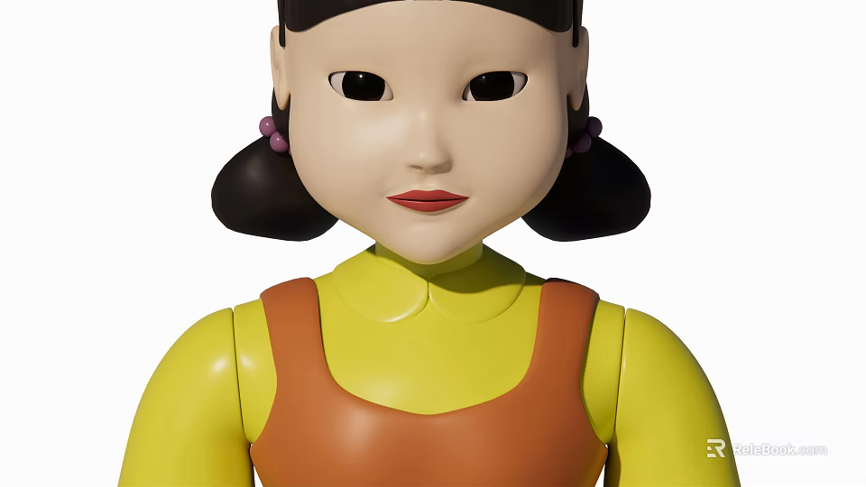 Cute Cartoon Game Character With Black Double Ponytails Purple Beads Yellow Top And Orange Dress 3d model 