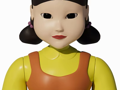 Cute Cartoon Game Character With Black Double Ponytails Purple Beads Yellow Top And Orange Dress 3d model