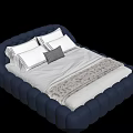Navy Blue Double Bed with Upholstered Headboard and Soft Pillows Blanket 3d model