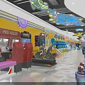 Colorful Playground Entertainment Area With Row Of Interactive Game Machines And Bright Lights