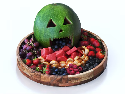 Decorative Ceramic Plate Holding Carved Jack O Lantern Watermelon And Assorted Fresh Fruits 3d model