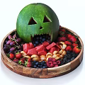 Decorative Ceramic Plate Holding Carved Jack O Lantern Watermelon And Assorted Fresh Fruits