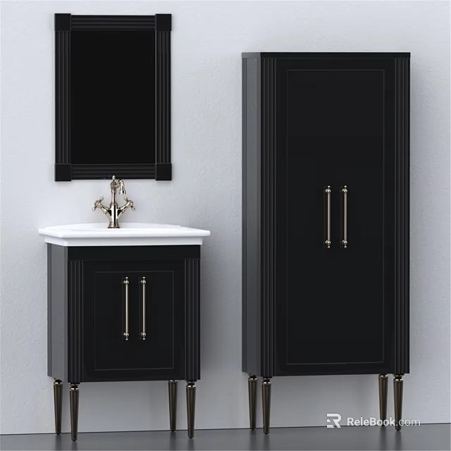 Modern Bathroom Vanity With White Countertop Black Cabinet And Gold Handles Mirror 3d model 