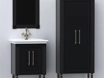 Modern Bathroom Vanity With White Countertop Black Cabinet And Gold Handles Mirror 3d model